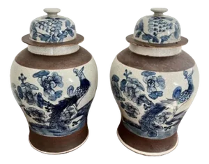 Antique Chinese Crackle Ware Lidded Vases, 1880, Set of 2
