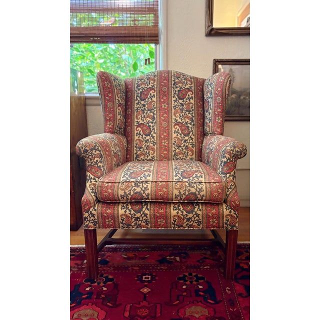 Boho Chic Charming Vintage Wingback Chair With Paisley Print For Sale - Image 3 of 11
