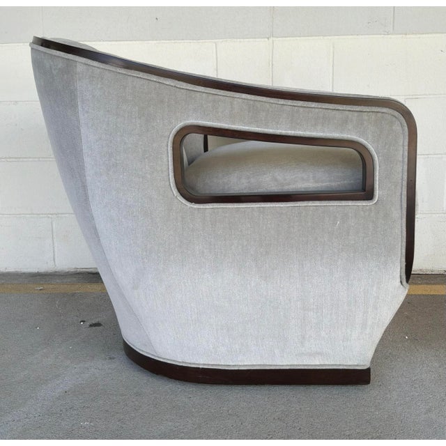 Original retail $6921, timeless Theodore Alexander Mid-Century Modern Style Gray Velvet M. Bremen Swivel Chair, dark wood...