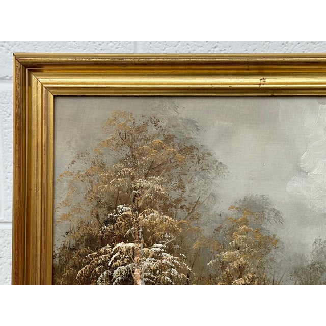 Snowy Cabin in the Woods - A Serene Winter Landscape Vintage Oil Painting 1975 Circa For Sale - Image 11 of 12