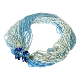 Vintage 1980s Sky Blue and White Seed Bead Torsade Necklace – Murano Glass Style, Moonglow Cabochon Crystal Clasp For Sale
