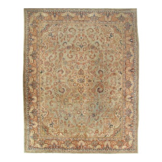 Antique Mahal Handmade Oriental Pale Green, Rust & Navy Blue Rug For Sale