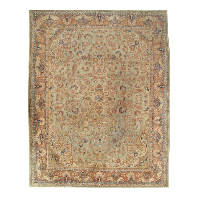 Antique Mahal Handmade Oriental Pale Green, Rust & Navy Blue Rug For Sale