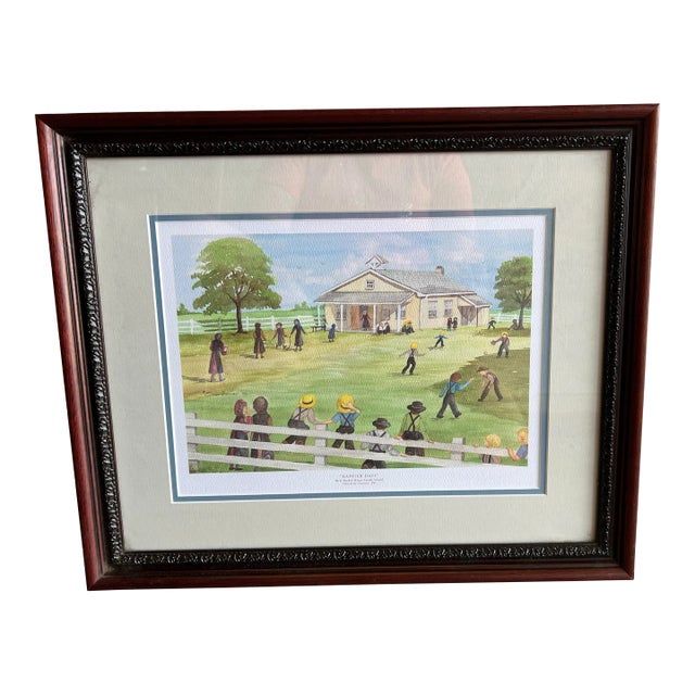 Vintage Framed Signed Print Children Playing Outside "Amish Happier Days" For Sale