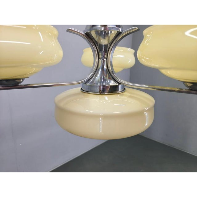 Bauhaus Chandelier in Milk Glass and Chrome, 1930s For Sale - Image 6 of 12