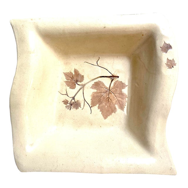 2000s Studio Pottery Square Bowl With Leaves Design by Susan Mikkelsen For Sale