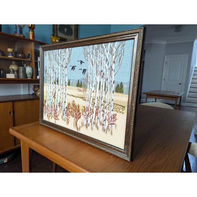 Mid-Century Modern 1970s Vintage Erica Wilson Crewel Embroidery Textile Art Framed "Birch Trees & Geese For Sale - Image 3 of 11