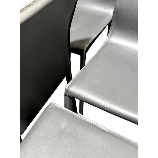 1980s Set of 6 Chic Modern Gray Leather Stitched Dining Chairs For Sale - Image 5 of 9