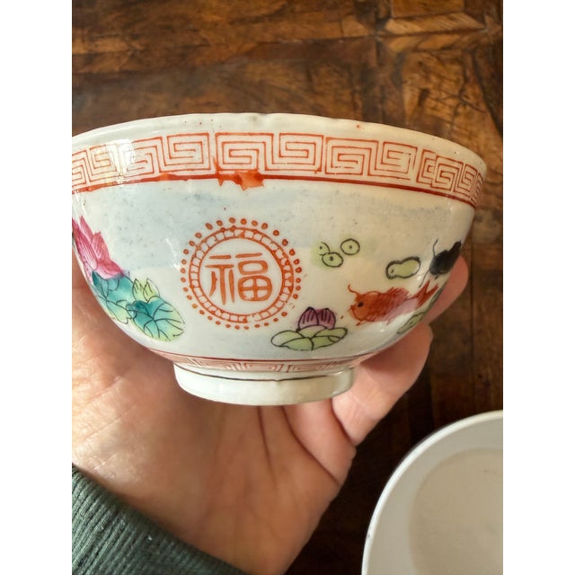 Ceramic Vintage Chinese Porcelain Fish & Lotus Bowls Koi Goldfish Polychrome Enamel - Set of 3 For Sale - Image 7 of 9