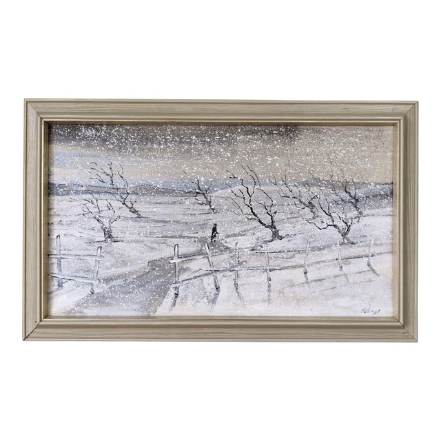 Mid-Century Modern Swedish "Snowfall" Vintage Winter Landscape Oil Painting, Framed For Sale