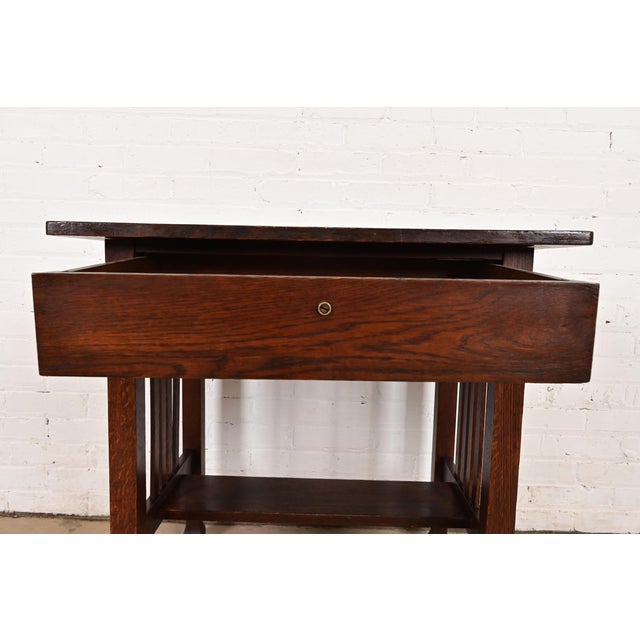 Wood Stickley Brothers Style Antique Mission Oak Arts & Crafts Writing Desk or Library Table, Circa 1910 For Sale - Image 7 of 12