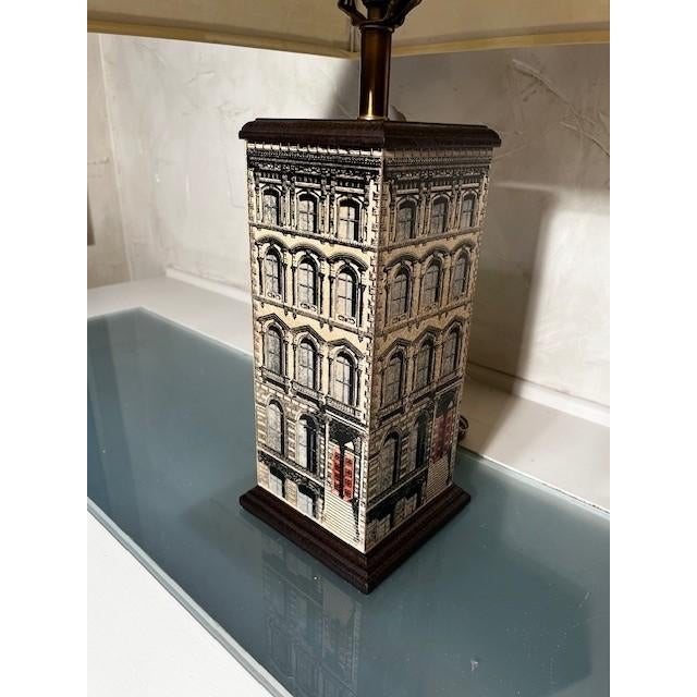 1 Sarried Decoupage Building Lamp, Brass Finial and Cream Linen Hard Square Shade.