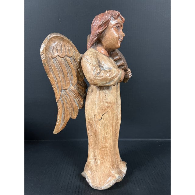 Figurative Vintage Hand Carved Wooden Standing Angel Paying Violin Instrument Sculpture For Sale - Image 3 of 10
