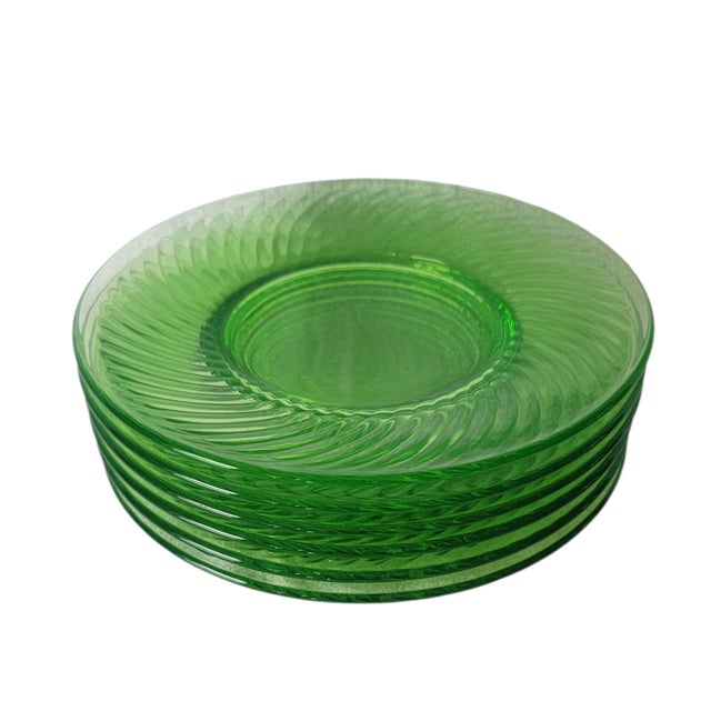 Contemporary Transparent Green Uranium Glass Salad Plates Set of 6 Early 20th Century For Sale - Image 3 of 18