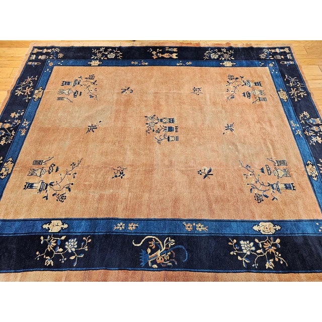 Peach Antique Chinese Peking Rug, Hand-Knotted Wool, Pale Peach, Navy, 9' x 12' For Sale - Image 8 of 18
