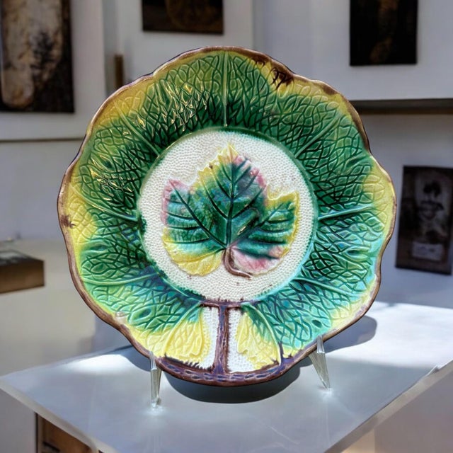 Late 19th Century Antique 19th Century Majolica Grape Leaf Plate For Sale - Image 5 of 9