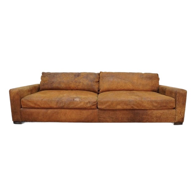 Restoration Hardware Maxwell Luxe Leather Sofa in Orange Distressed Leather For Sale