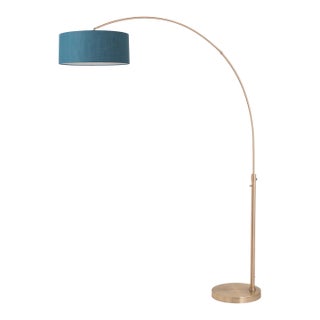 1960s Float Brass Floor Lamp - 92" Mid Century Modern Arc Lamp, Pool Blue Linen Shade, Dimmable For Sale