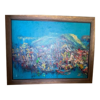 1980's Large Abstract Expressionist Harbor Scene Original Oil on Canvas, Signed Nguyen Lam, 48" by 36" For Sale