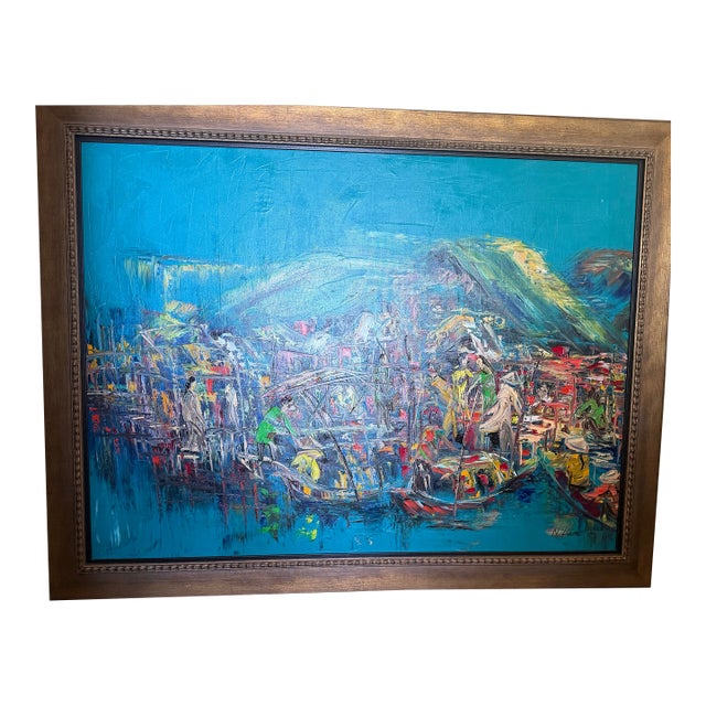 1980's Large Abstract Expressionist Harbor Scene Original Oil on Canvas, Signed Nguyen Lam, 48" by 36" For Sale