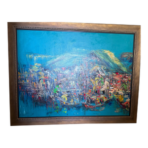 1980's Large Abstract Expressionist Harbor Scene Original Oil on Canvas, Signed Nguyen Lam, 48" by 36"
