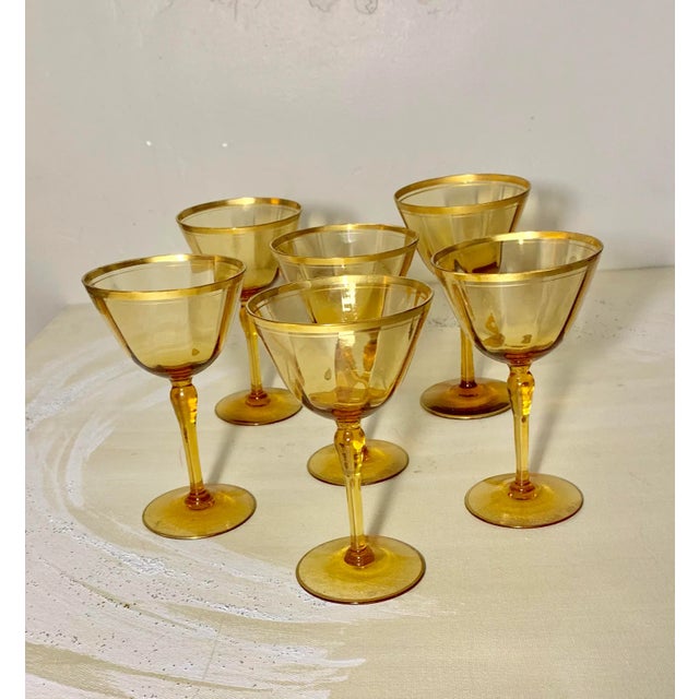 Vintage Amber Sherry Glasses With Gilt Rim Design - Set of 6 For Sale - Image 4 of 4