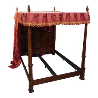Late 20th Century Baker Mahogany Gothic Style 4 Post Queen Size Canopy Bed Red Damask Canopy For Sale
