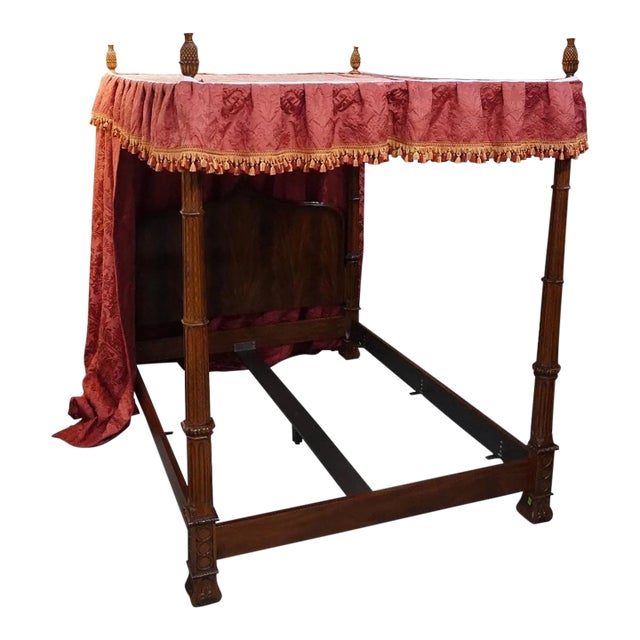 Late 20th Century Baker Mahogany Gothic Style 4 Post Queen Size Canopy Bed Red Damask Canopy For Sale