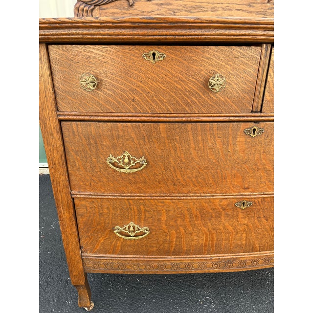 Early American Tiger Oak Dresser With Carved Swan Mirror For Sale - Image 6 of 12