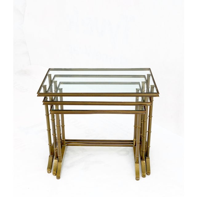 Glass Mid-Century Modern Solid Brass Faux Bamboo Glass Top Nesting Side End Tables Stands - Set of 3 For Sale - Image 7 of 12