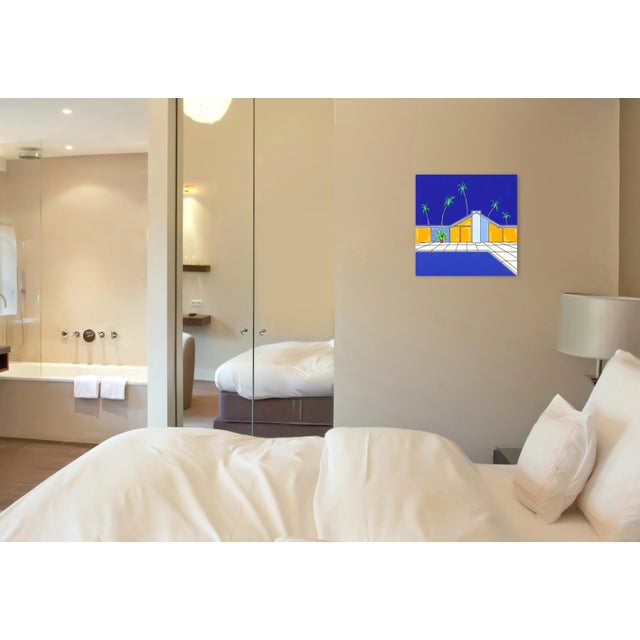 Textile Summers 2 - Contemporary Mid-Century House Vibrant Blue Architectural Acrylic Painting on Canvas Modern Villa, Palm, and Pool Art by Jonjo Elliott For Sale - Image 7 of 8