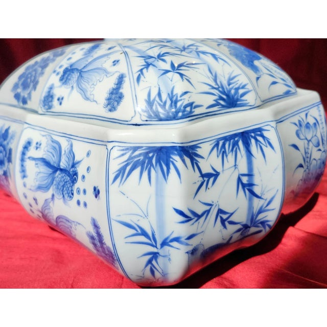 Chinoiserie Final Clearance Canton Export 39.5" Circumference Hand Painted Blue & White Koi Tureen or Catchall Casket of 20th Century For Sale - Image 3 of 12