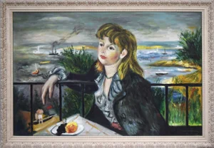 Large Vintage Portrait of a Woman on a Balcony Overlooking the Coast C.1960s
