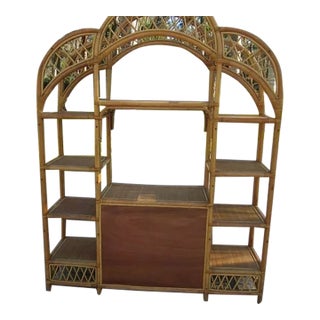 1980s Pagoda Style Bamboo Rattan Entertainment Center Tv Media Storage Honey For Sale