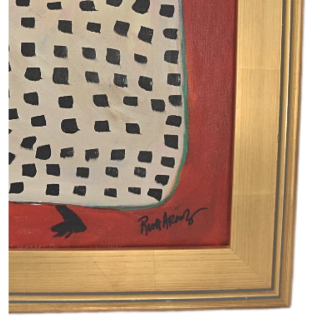 Farmhouse Folk Art Chicken Hen Painting by Ruth Arenz Including the Antiqued Gold Wood Frame For Sale - Image 3 of 5