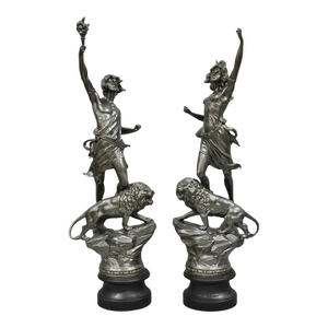 Antique French Renaissance "Le Force & Le Pouvoir" Spelter Metal Sculpture Pair