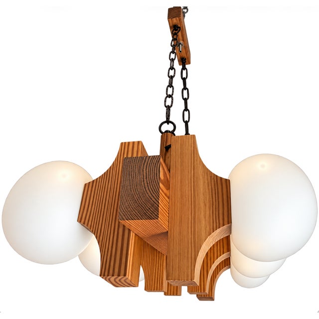 Vintage Brutalist style, Scandinavian 6 light linear chandelier. Pine wood, black metal chain. Wired for EU but we have...