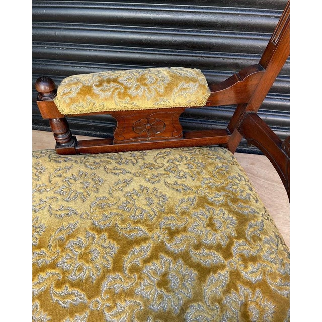Victorian Oak Shield-Back Armchair – Antique Upholstered Library / Occasional Chair With Carved Detail & Castors For Sale - Image 6 of 9