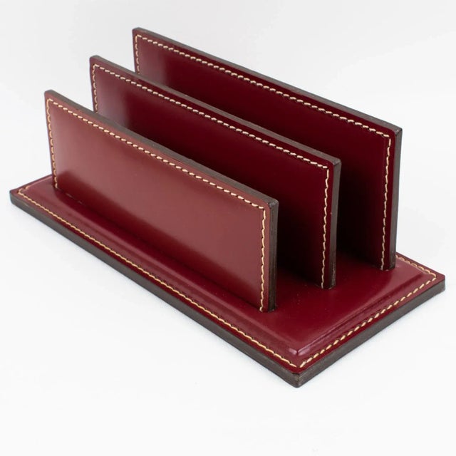 Art Deco Hand-Stitched Red Leather Desk Office Set Letter and Pen Holders For Sale - Image 10 of 13