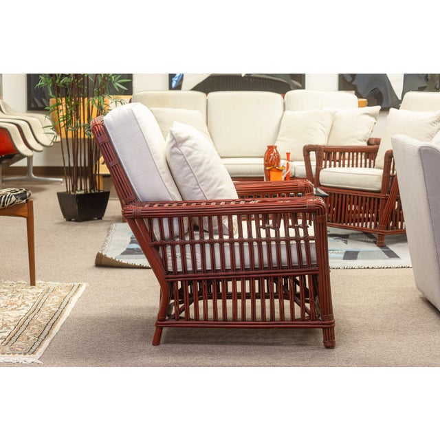 Wood Pair of Vintage Palecek President's Chairs Red Rattan White Cushion Patio Chairs For Sale - Image 7 of 16