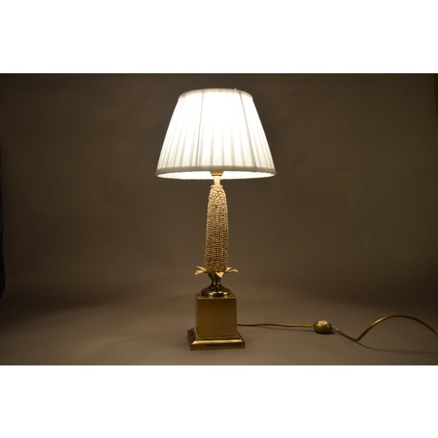 1970s Brass Corn Table Lamp with White Pleated Shade, 1970s For Sale - Image 5 of 14