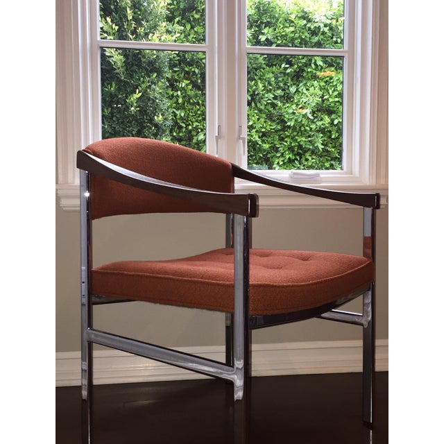 Beautiful set of eight (8) Milo Baughman attributed chrome dining chairs in their original vintage orange fabric . Super...