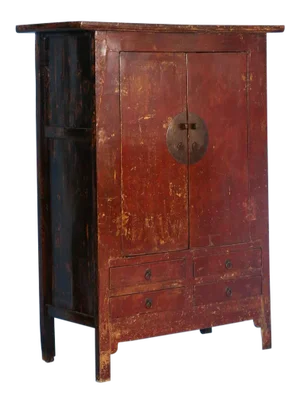 19th Century Antique Red Lacquered Cabinet Armoire From Shanxi, China