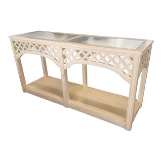 Vintage Broyhill Palm Beach Lattice Wood & Glass Console Table For Sale
