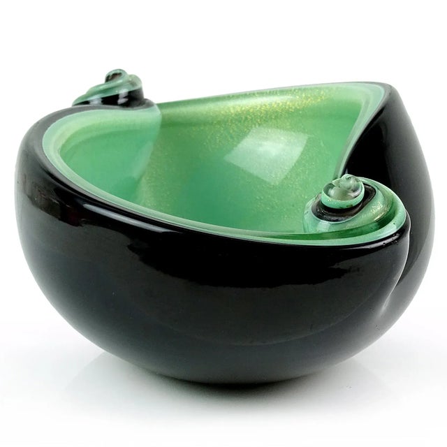 Mid 20th Century Murano Barbini Vintage Black Over Green Gold Flecks Italian Art Glass Scroll Shell Bowl Ashtray For Sale - Image 5 of 7