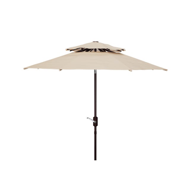 Traditional Athens 9Ft Double Top Crank Umbrella, Beige With White Understripe For Sale - Image 3 of 6