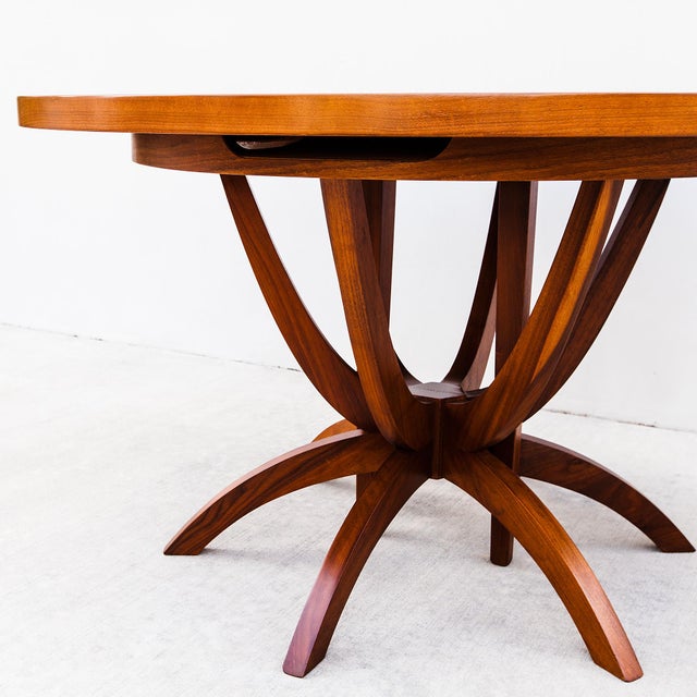 Wood Monumental Mid Century Modern Expandable Pedestal Base Dining Table in Walnut For Sale - Image 7 of 15