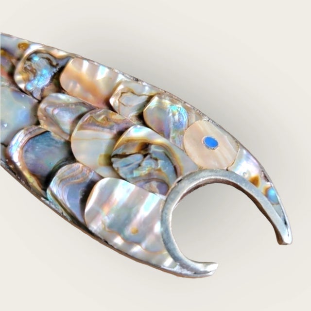 1970s Vintage 1970s Los Castillos Silver Style Abalone Fish Bottle Opener - Sculptural Silver & Iridescent Gem For Sale - Image 5 of 9