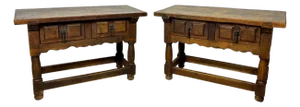 Pair of Early 20th Century Spanish Rustic Oak Side Tables with Drawers, 1900s