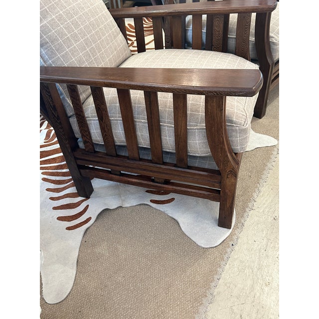 Arts & Crafts Morris Style Club Chairs With Grey Flannel Plaid -a Pair For Sale In Philadelphia - Image 6 of 11